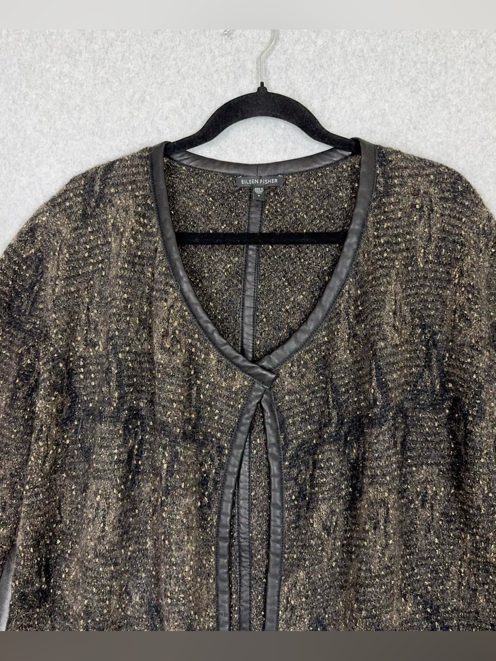 Eileen Fisher Cardigan Sweater Leather Trim Open Front Mohair Blend Womens Small - Picture 4 of 14